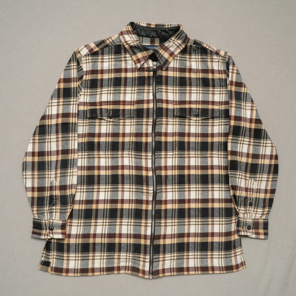 Vintage Zip Up Cotton Flannel Tartan Leather Chinstrap Cat Eye Button Adult M